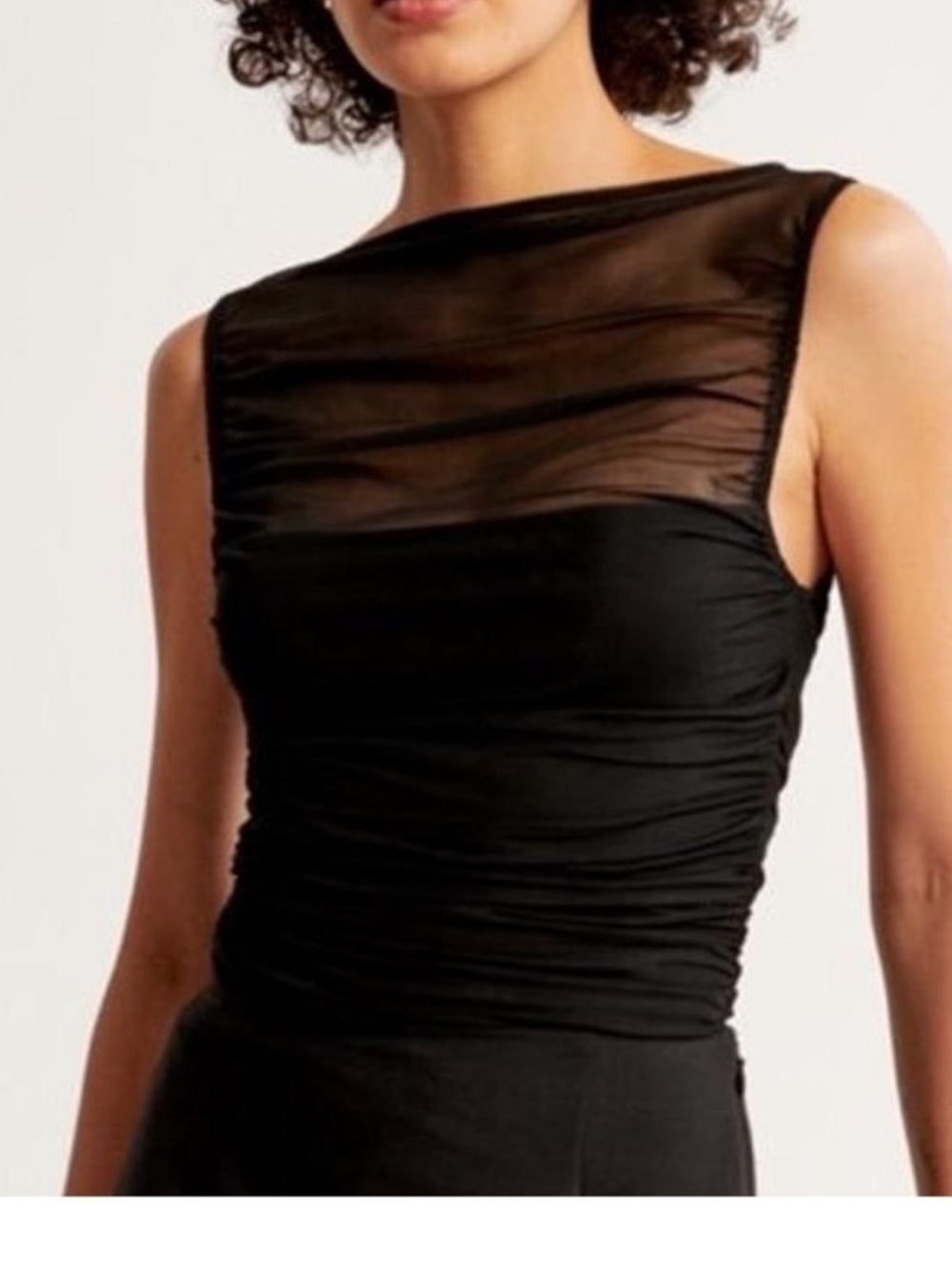 Sleeveless Black Sheere Yoke Ruched Top